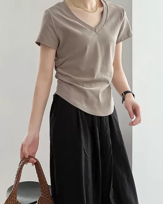 Solid Color Irregular clipping Short Sleeves V-neck T-Shirts Tops