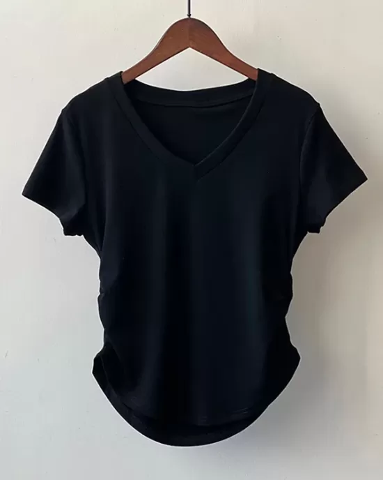 Solid Color Irregular clipping Short Sleeves V-neck T-Shirts Tops