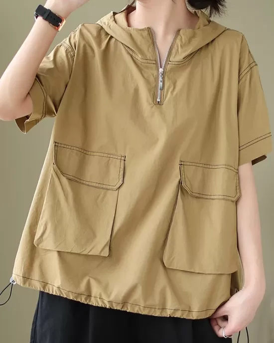 Zipper Loose Short Sleeves Hooded T-Shirts Tops