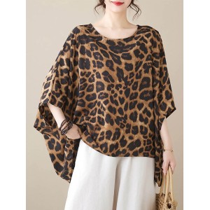 Leopard Batwing Sleeves Loose Round-Neck T-Shirts Tops