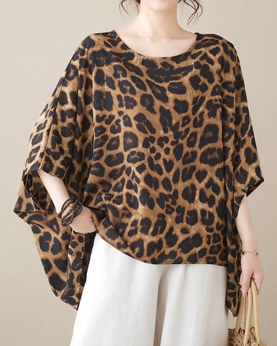 Leopard Batwing Sleeves Loose Round-Neck T-Shirts Tops