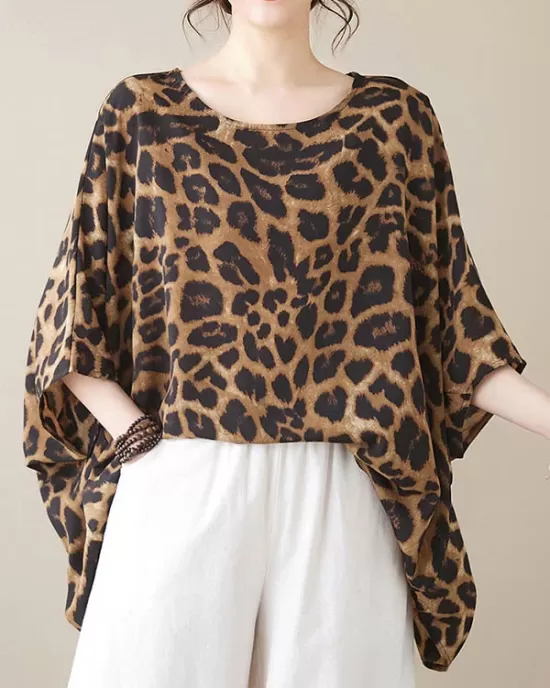 Leopard Batwing Sleeves Loose Round-Neck T-Shirts Tops