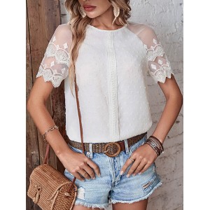 See-Through Lace Split-Joint Loose Short Sleeves Round-Neck T-Shirts Tops