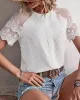 See-Through Lace Split-Joint Loose Short Sleeves Round-Neck T-Shirts Tops