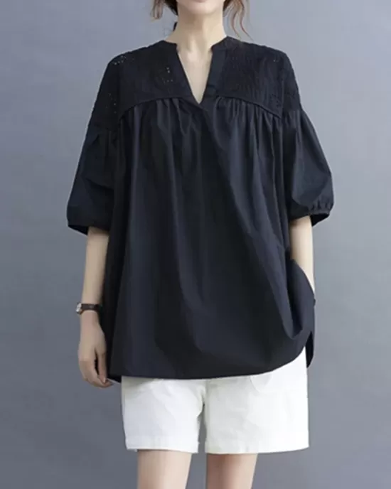 Hollow Pleated Solid Color Split-Joint Half Sleeves Loose V-Neck T-Shirts