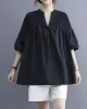 Hollow Pleated Solid Color Split-Joint Half Sleeves Loose V-Neck T-Shirts