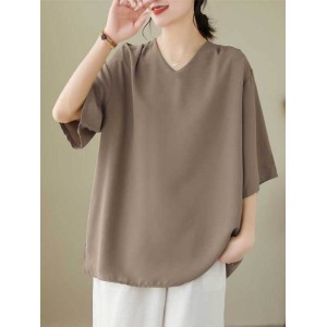 Solid Color Loose Short Sleeves V-Neck T-Shirts