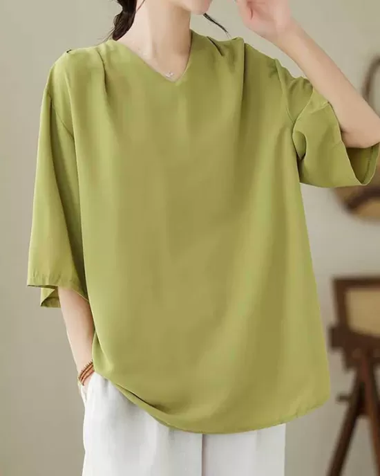 Solid Color Loose Short Sleeves V-Neck T-Shirts