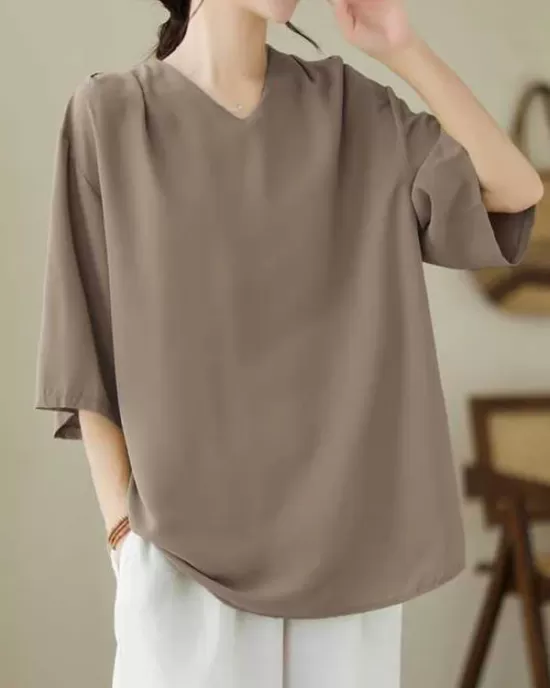 Solid Color Loose Short Sleeves V-Neck T-Shirts