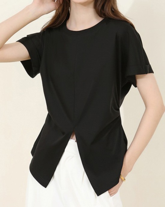 Pleated Solid Color Split-Front Split-Joint Batwing Sleeves Loose Round-Neck T-Shirts