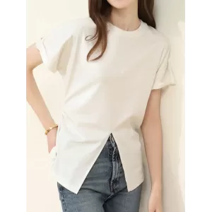 Pleated Solid Color Split-Front Split-Joint Batwing Sleeves Loose Round-Neck T-Shirts