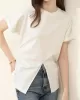 Pleated Solid Color Split-Front Split-Joint Batwing Sleeves Loose Round-Neck T-Shirts