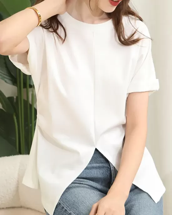 Pleated Solid Color Split-Front Split-Joint Batwing Sleeves Loose Round-Neck T-Shirts