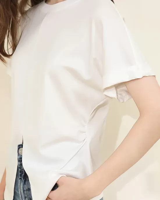 Pleated Solid Color Split-Front Split-Joint Batwing Sleeves Loose Round-Neck T-Shirts