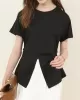 Pleated Solid Color Split-Front Split-Joint Batwing Sleeves Loose Round-Neck T-Shirts