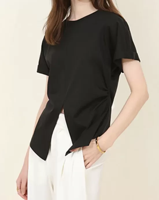 Pleated Solid Color Split-Front Split-Joint Batwing Sleeves Loose Round-Neck T-Shirts