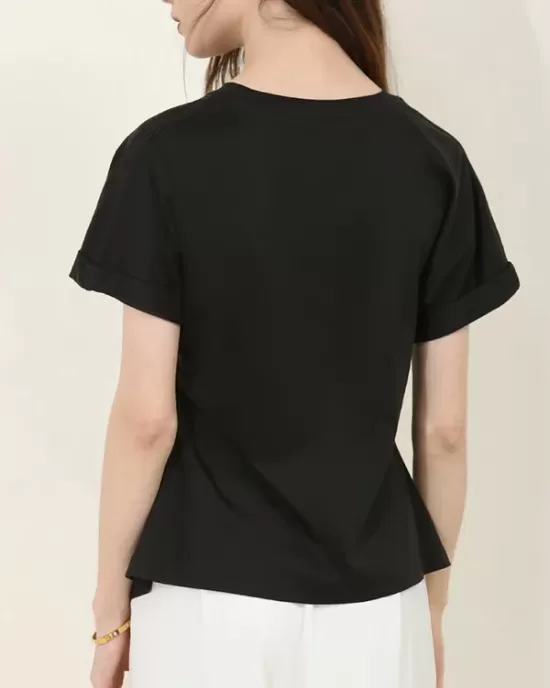 Pleated Solid Color Split-Front Split-Joint Batwing Sleeves Loose Round-Neck T-Shirts