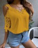 Lacy Solid Color Loose Short Sleeves Cold Shoulder T-Shirts Tops