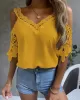 Lacy Solid Color Loose Short Sleeves Cold Shoulder T-Shirts Tops