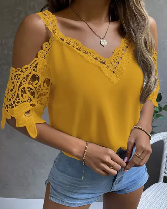 Lacy Solid Color Loose Short Sleeves Cold Shoulder T-Shirts Tops