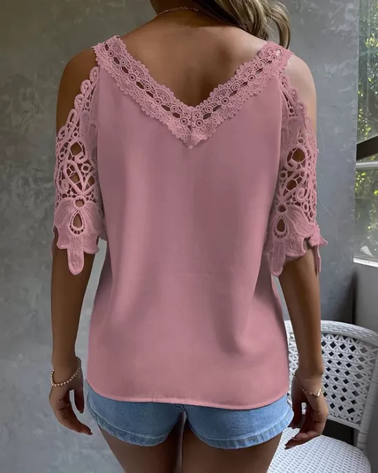 Lacy Solid Color Loose Short Sleeves Cold Shoulder T-Shirts Tops