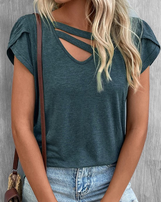 Solid Color Loose Short Sleeves V-neck T-Shirts Tops