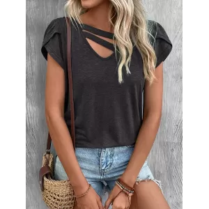 Solid Color Loose Short Sleeves V-neck T-Shirts Tops