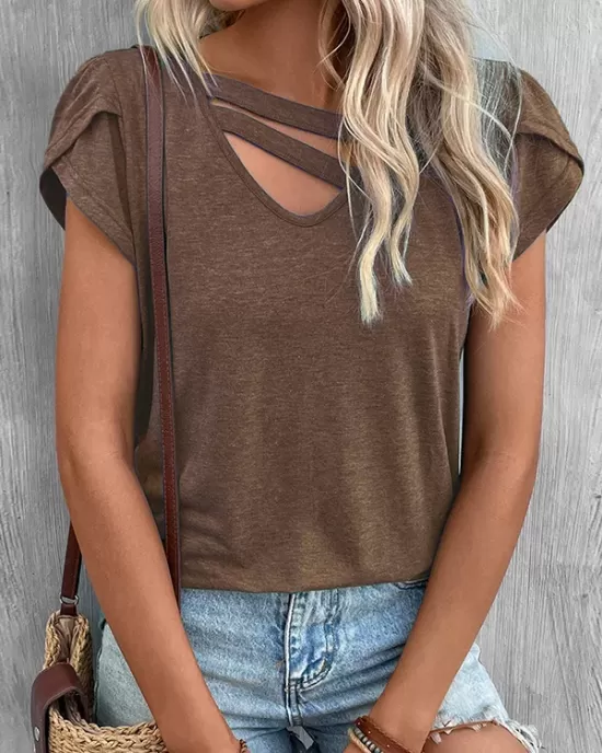 Solid Color Loose Short Sleeves V-neck T-Shirts Tops