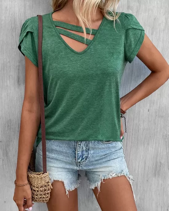 Solid Color Loose Short Sleeves V-neck T-Shirts Tops