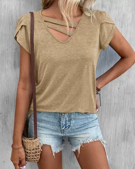 Solid Color Loose Short Sleeves V-neck T-Shirts Tops