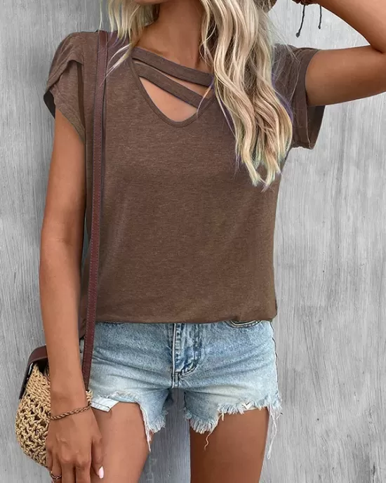 Solid Color Loose Short Sleeves V-neck T-Shirts Tops