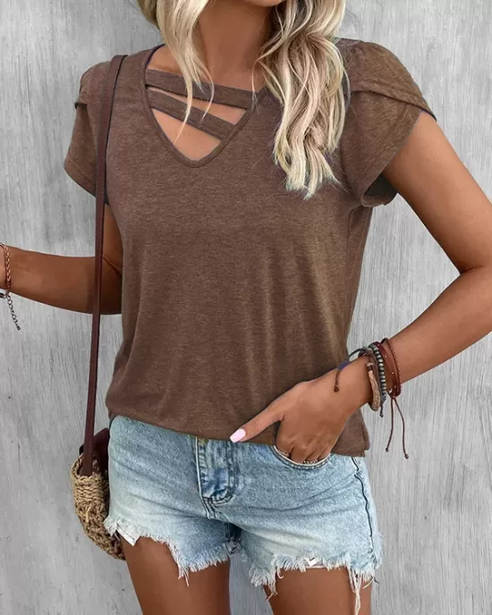 Solid Color Loose Short Sleeves V-neck T-Shirts Tops