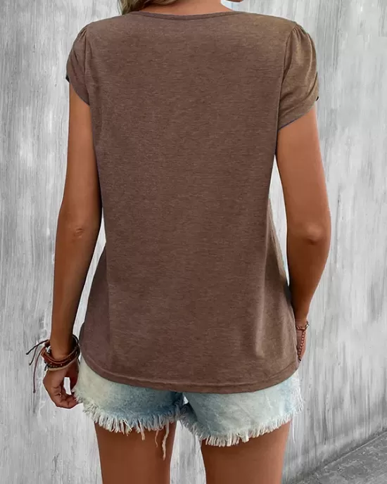 Solid Color Loose Short Sleeves V-neck T-Shirts Tops