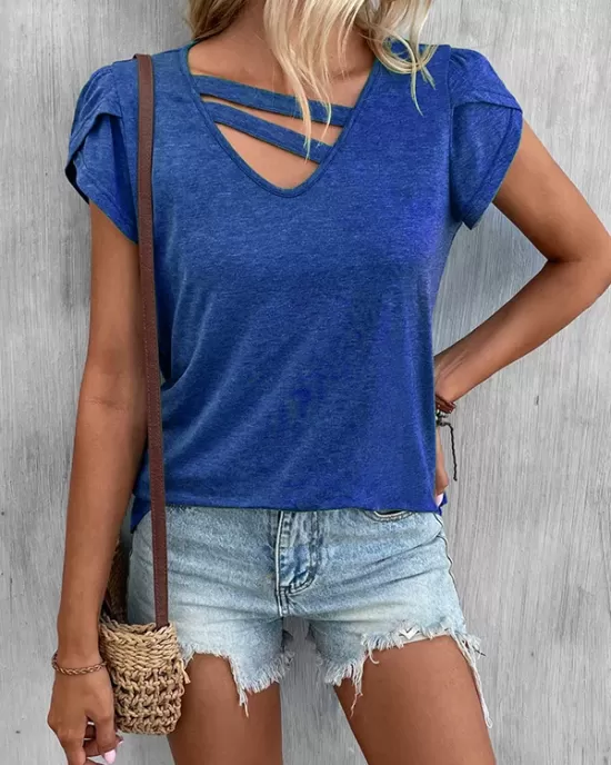 Solid Color Loose Short Sleeves V-neck T-Shirts Tops