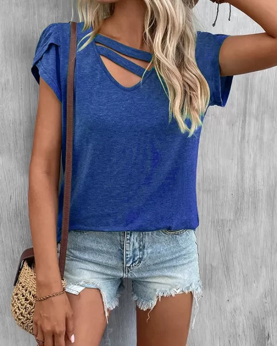 Solid Color Loose Short Sleeves V-neck T-Shirts Tops