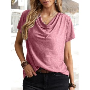 Solid Color Loose Short Sleeves U-Neck T-Shirts Tops