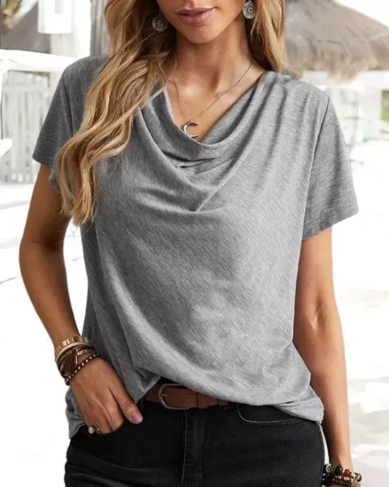 Solid Color Loose Short Sleeves U-Neck T-Shirts Tops