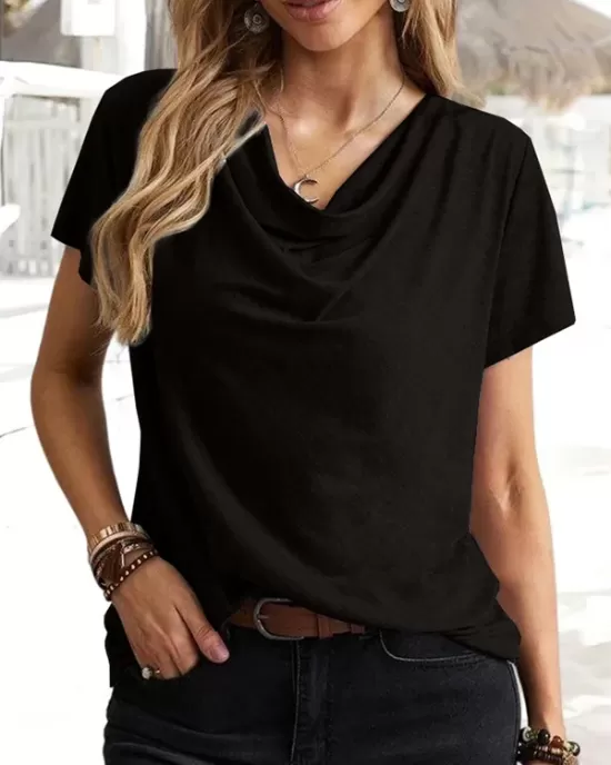 Solid Color Loose Short Sleeves U-Neck T-Shirts Tops