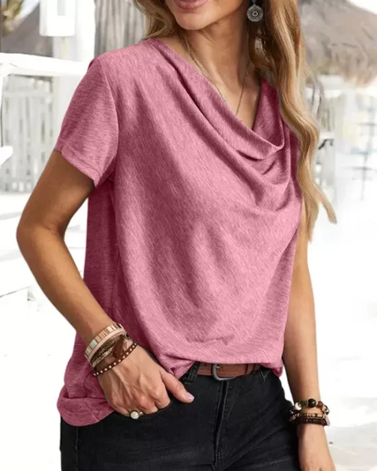 Solid Color Loose Short Sleeves U-Neck T-Shirts Tops