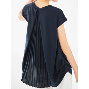 Back Pleated Solid Color Loose Short Sleeves Round-Neck T-Shirts Tops