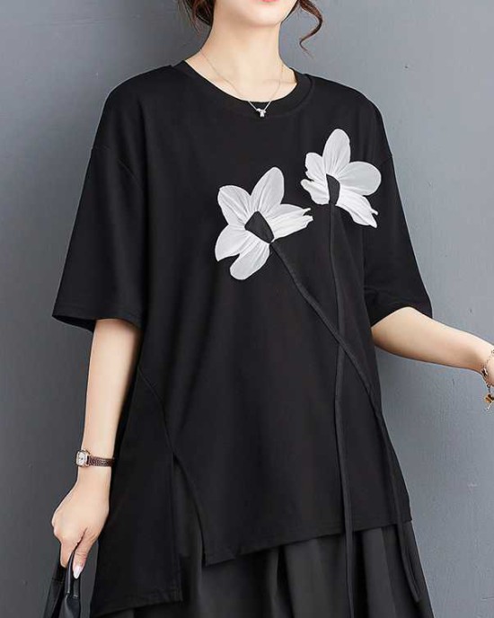 Contrast Color Half Sleeves Irregularity Round-Neck T-Shirts Tops