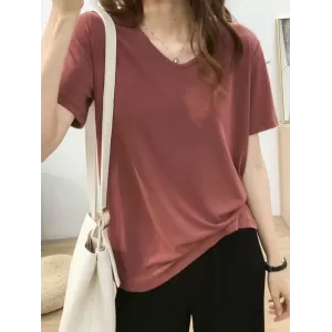 Solid Color Loose Short Sleeves U-Neck T-Shirts Tops