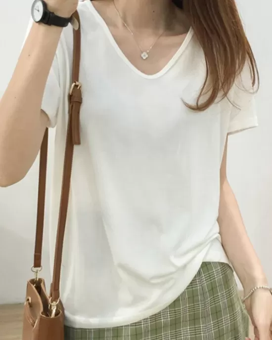 Solid Color Loose Short Sleeves U-Neck T-Shirts Tops