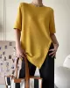 Asymmetric See-Through Solid Color Split-Front Half Sleeves Loose Round-Neck T-Shirts