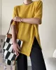 Asymmetric See-Through Solid Color Split-Front Half Sleeves Loose Round-Neck T-Shirts