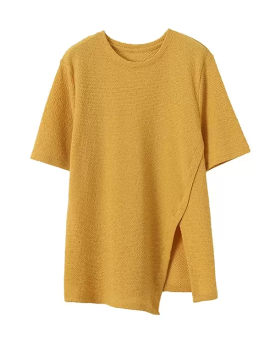 Asymmetric See-Through Solid Color Split-Front Half Sleeves Loose Round-Neck T-Shirts