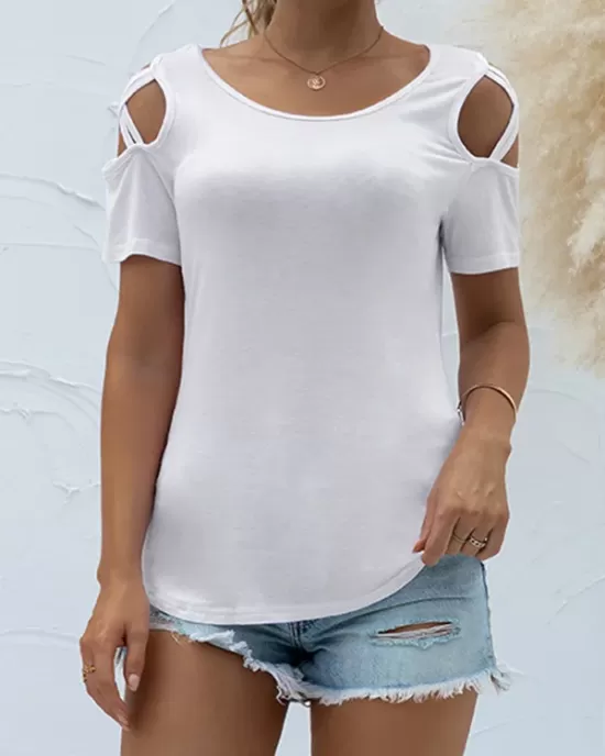 Hollow Solid Color Loose Short Sleeves Round-Neck T-Shirts Tops