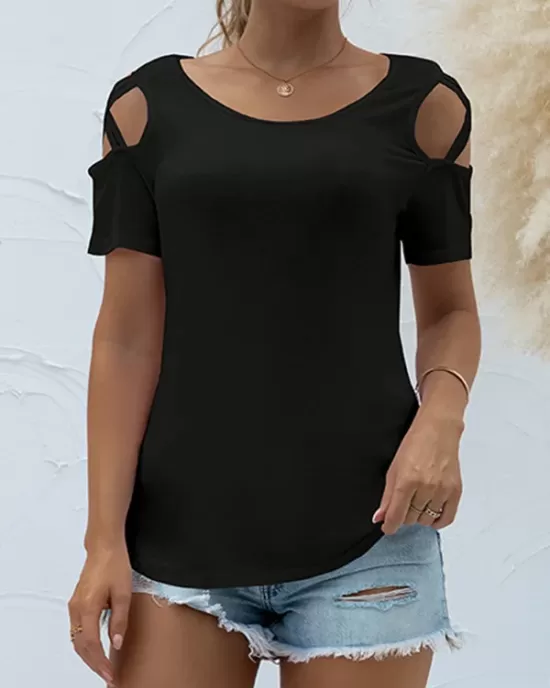 Hollow Solid Color Loose Short Sleeves Round-Neck T-Shirts Tops