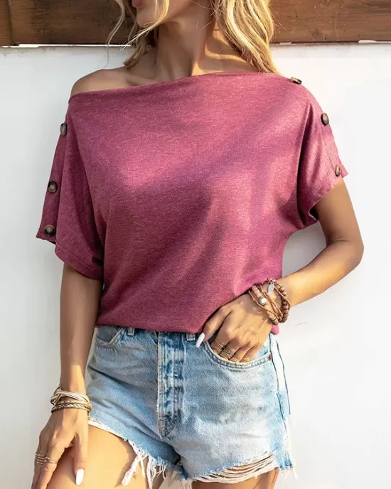 Solid Color Short Sleeves Boat Neck T-Shirts Tops