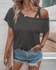 Asymmetric Solid Color Loose Short Sleeves Cold Shoulder T-Shirts